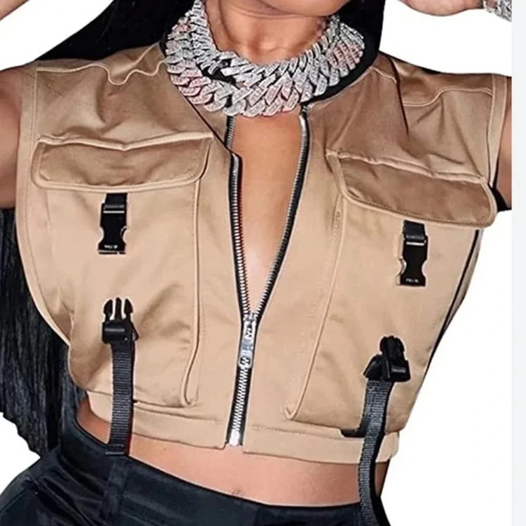 Micas Women's Y2K Cropped Buckle Vest Military Tactical Club Full-Zip Jacket New - Picture 1 of 3